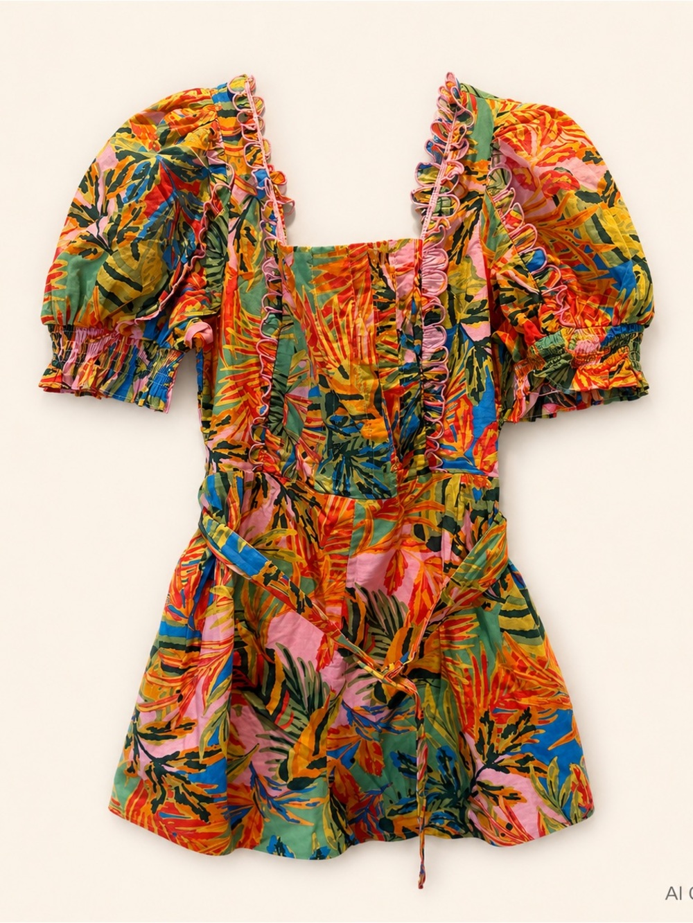 j.marie Vibrant Paloma Tropical Puff-Sleeve Romper in Orange & Pink - Picture 2 of 6